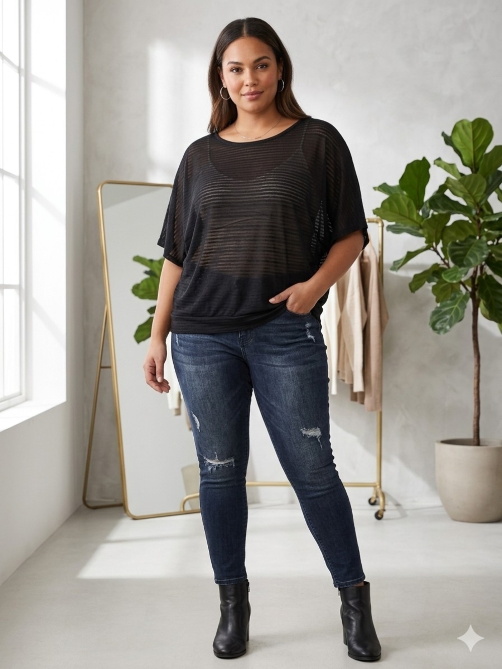 Cato Black Semi Sheer Top